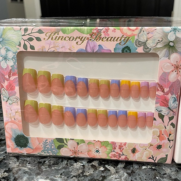 NEW Multicolor French Tip Style Flower Blue Yellow Polka Dot Nail Set Bundle - Picture 3 of 4